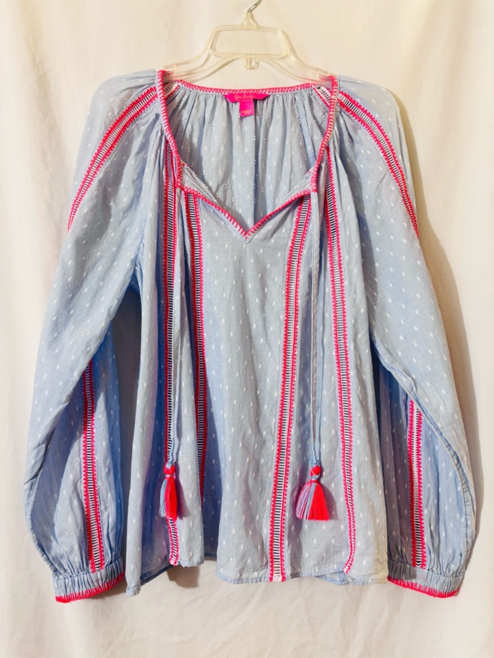 Lilly Pulitzer Tassel Peasant Boho Top Blue Pink Fits L/XL